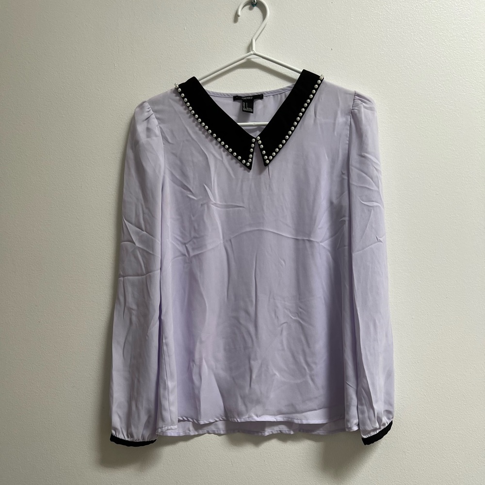 Forever 21 Pearl Collared Long Sleeve Purple Chiffon Blouse S